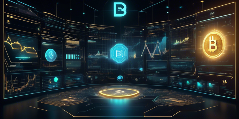 Create an image of a futuristic cryptocurrency trading platform with the iconic Binance logo prominently displayed. The scene should be bustling with digital traders, holographic screens showing charts and numbers, and a backdrop that combines elements of a traditional stock exchange with cutting-edge technology. Infuse a sense of innovation and global connectivity, reflecting Binance's role as a leader in the cryptocurrency trading world.