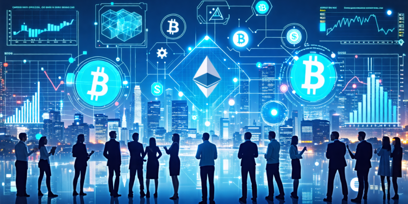 Create an image depicting a futuristic cityscape intertwined with digital and blockchain elements. Include symbols of various cryptocurrencies like Bitcoin, Ethereum, and Cardano seamlessly integrated into the architecture. Show holographic charts and graphs floating in the air, representing market trends and predictions. Add a diverse group of people in modern attire interacting with advanced technology, such as augmented reality glasses and devices, symbolizing the global and inclusive nature of the crypto community. The overall vibe should be innovative and forward-thinking, emphasizing the potential and evolution of cryptocurrency.