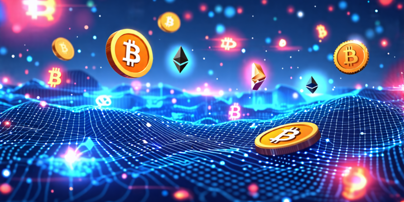 A futuristic digital landscape featuring a diverse range of cryptocurrencies like Bitcoin, Ethereum, and Ripple. Show coins and symbols of these cryptocurrencies floating in a high-tech, grid-like environment. Include elements like blockchain chains and security padlocks to represent the secure nature of these digital currencies. The overall vibe should be educational and engaging, tailored for beginners trying to understand cryptocurrencies.