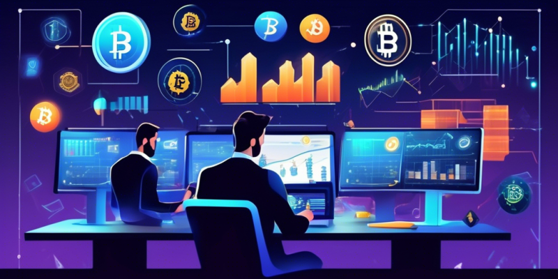 Create an image that introduces the concept of cryptocurrency trading. Depict a modern digital marketplace with various cryptocurrency symbols (like Bitcoin, Ethereum, and others) floating around. Show a diverse group of traders analyzing charts on futuristic screens, with graphs and candlesticks indicating market trends. Include a digital wallet and a blockchain network in the background to emphasize the technological aspect of cryptocurrency. The overall atmosphere should be dynamic and innovative, reflecting the fast-paced nature of crypto trading.