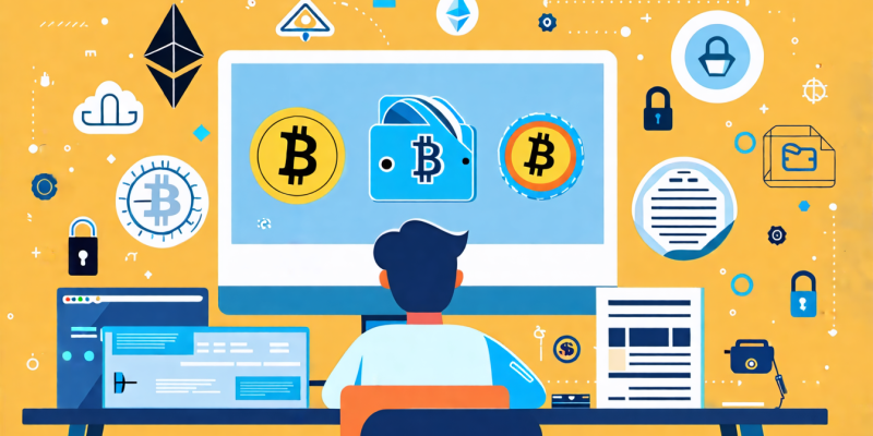 Create a detailed illustration featuring a person sitting at a desk with a computer, comparing different types of crypto wallets (hardware, software, paper wallets) on the screen. Surrounding the desk are icons representing various cryptocurrencies like Bitcoin, Ethereum, and others. The background shows a modern, tech-savvy workspace with elements of security, like locks and keys, emphasizing the decision-making process for choosing the best crypto wallet.