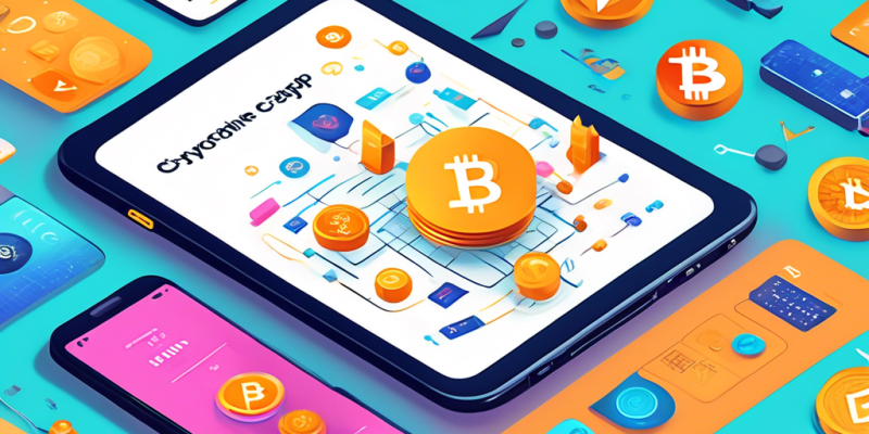 Create an illustration of a beginner-friendly guidebook titled 'Choosing the Right Crypto App'. The book is surrounded by various symbols representing popular cryptocurrencies, like Bitcoin and Ethereum, and icons of mobile apps. The background should display a user-friendly interface of a cryptocurrency app on a smartphone, with simple, easy-to-understand graphics. Use bright, inviting colors to emphasize the educational and approachable nature of the guide.