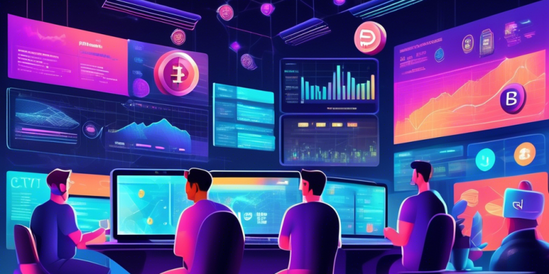 Create a detailed and vibrant illustration of a futuristic crypto exchange marketplace, featuring diverse traders comparing features on digital screens. Include various cryptocurrencies like Bitcoin, Ethereum, and Litecoin, alongside visuals of security measures, low fees, and user interface reviews. The atmosphere should be dynamic and tech-savvy, highlighting the key elements that traders consider when selecting a crypto exchange.