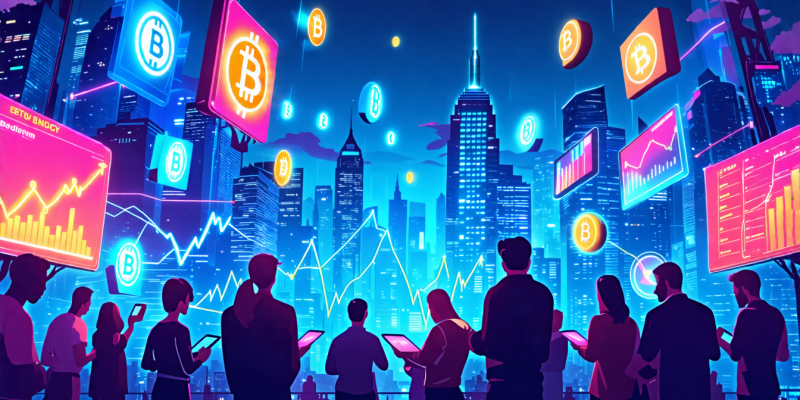 Create an image of a futuristic cityscape with neon lights, where digital billboards display various cryptocurrencies like Bitcoin, Ethereum, and others. In the foreground, show a diverse group of people, both young and old, using advanced tablets and smartphones to trade cryptocurrency. Include icons and graphs of rising and falling market trends to emphasize the trading aspect.