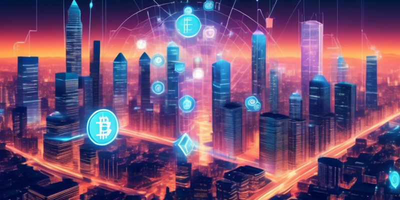 Create an image that illustrates the current trends and future projections in the crypto market. The scene should feature a futuristic cityscape with blockchain nodes interconnected across the skyline. Include digital charts and graphs showing rising and falling trends of various cryptocurrencies, holographic interfaces displaying data analytics, and traders engaging with advanced technology. The atmosphere should convey innovation, speculation, and dynamic change in the financial world.