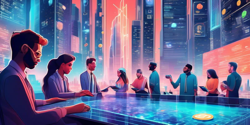 An eye-catching infographic showcasing a futuristic cityscape built with floating digital coins and blockchain elements. Various trading platforms are represented as sleek, modern skyscrapers labeled with popular crypto exchange names. In the foreground, diverse individuals are analyzing charts, comparing features, and engaging in secure transactions using holographic interfaces. The scene emphasizes technology, security, and user-friendliness.