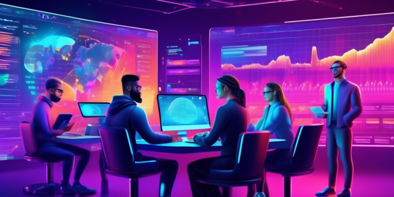 An ultra-modern digital illustration of a diverse group of people, each using different devices like laptops, tablets, and smartphones, analyzing a sleek, futuristic dashboard of a crypto trading platform. The dashboard is filled with real-time charts, graphs, and trending cryptocurrencies. The background shows a secure, high-tech environment with holographic screens and vibrant colors. The atmosphere should convey innovation, financial empowerment, and technological advancement.