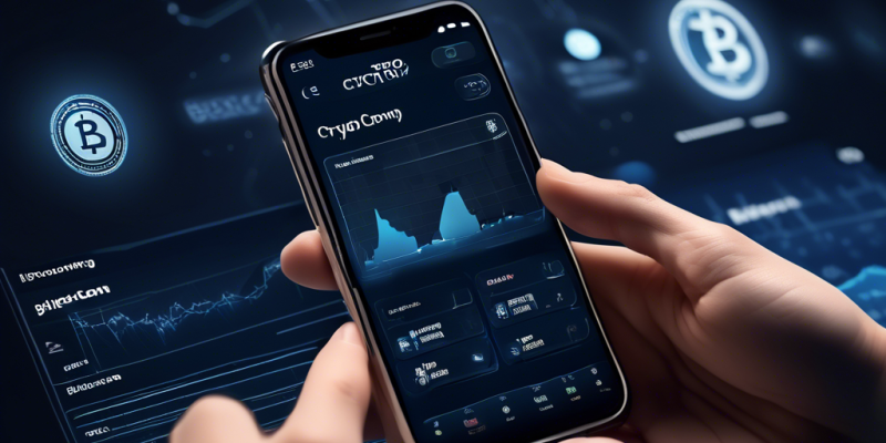 Create an image showcasing a person holding a smartphone with the Crypto.com app interface visible on the screen. In the background, include icons and symbols related to cryptocurrency, such as Bitcoin, Ethereum, and the Crypto.com logo. Additionally, feature elements like charts, graphs, and security symbols to emphasize financial management and security. The overall design should be clean, modern, and user-friendly to reflect the practicality and ease of getting started with the app.