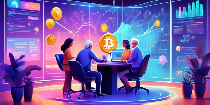 Create a detailed digital illustration showcasing a diverse group of people planning their retirement at a futuristic financial advisor's office. The scene should prominently feature visual elements like cryptocurrency symbols (e.g., Bitcoin, Ethereum), along with traditional retirement planning tools such as charts, graphs, and a retirement savings piggy bank. The advisor’s desk should have a holographic display showing a growth chart of an IRA that includes both traditional assets and cryptocurrencies. The atmosphere should be modern and optimistic, indicating future-forward finance management.