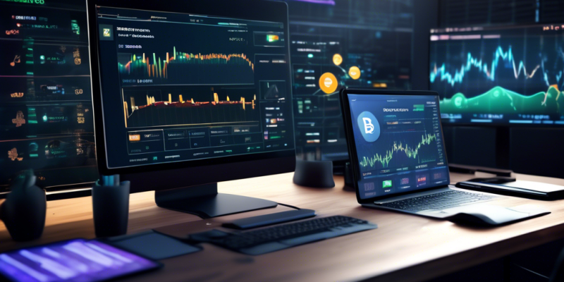 Create an image of a modern, sleek crypto trading platform interface displayed on a computer screen. The interface should highlight top features like real-time charts, portfolio tracking, security alerts, user-friendly design, and integration with multiple devices like smartphones and tablets. In the background, include subtle elements like digital currency symbols (e.g., Bitcoin, Ethereum) and graphical elements representing data security, APIs, and customer support.