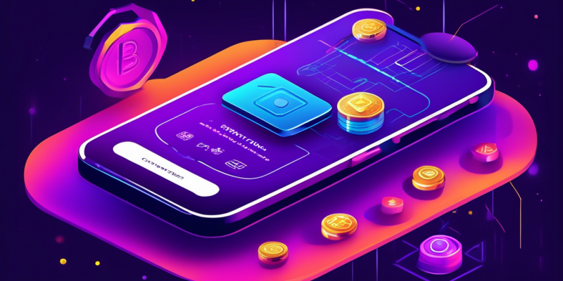 Create a detailed and vibrant illustration of a smartphone displaying a crypto wallet app interface. Surround the phone with icons showcasing the top features such as security shields for security measures, a padlock for privacy, two hands shaking for easy transactions, a sync symbol for multiple currency support, and a bar graph for portfolio tracking. Include a background with subtle blockchain and cryptocurrency symbols.