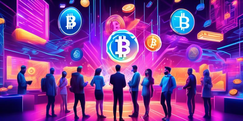 Create a visually stunning digital artwork depicting various popular cryptocurrencies like Bitcoin, Ethereum, and Solana in a dynamic, futuristic financial market setting. Include elements like neon lights, holograms, and a diverse group of people excitedly engaging in crypto transactions. Highlight a sense of urgency and opportunity that conveys the theme of 'Top Picks: The Best Crypto to Buy Now.'