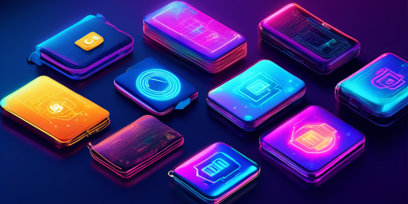 Create an image of a diverse group of futuristic digital wallets with sleek, modern designs, showcasing vibrant holographic interfaces. Include recognizable cryptocurrency logos like Bitcoin, Ethereum, and others, floating above each wallet. The background should be a high-tech cityscape at night with glowing neon signs and a digital billboard displaying Best Crypto Wallets of 2023.