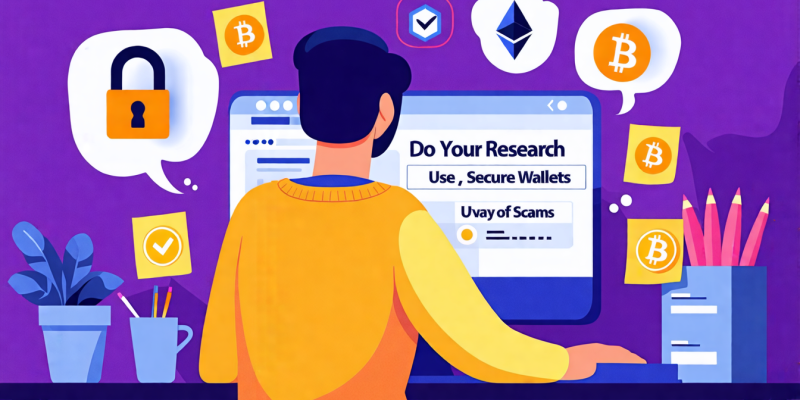 Create a detailed illustration of a person sitting at a desk with a computer, carefully researching cryptocurrency. The computer screen should display a website with secure icons, like a padlock and checked shield. Surrounding the person are thought bubbles with symbols of popular cryptocurrencies (like Bitcoin and Ethereum). Also include tips on sticky notes around the desk, such as Do Your Research, Use Secure Wallets, and Be Wary of Scams. The background should convey a safe and cozy home office environment.