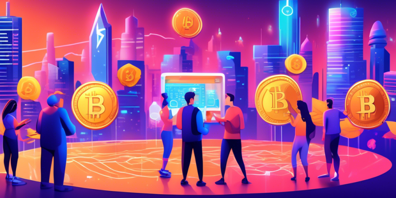 Create an illustration of a vibrant, futuristic cityscape where giant digital coins like Bitcoin, Ethereum, and other cryptocurrencies float around. In the foreground, place a friendly guide character explaining to a diverse group of beginners how a cryptocurrency exchange works, using visual aids like charts, graphs, and icons. The atmosphere should be modern and educational, with elements of technology and finance integrated seamlessly into the design.