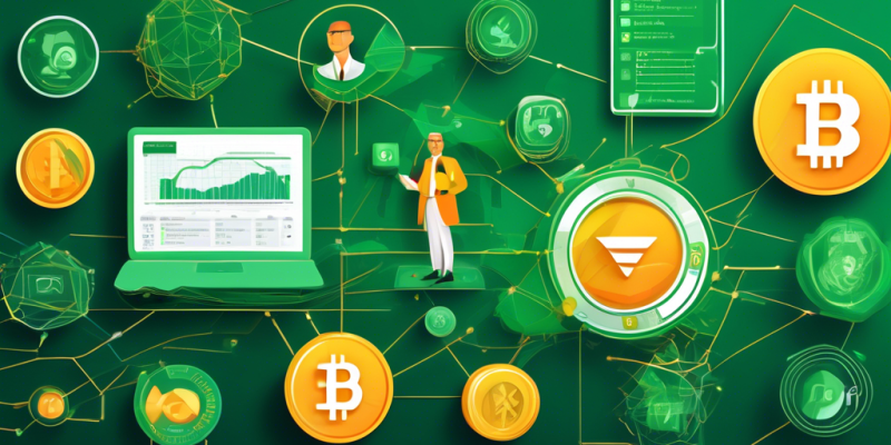 Create a detailed and engaging illustration for a comprehensive guide on Fidelity Crypto. The image should feature modern financial icons, digital assets, and blockchain motifs, all integrated with Fidelity's branding elements. Include a diverse group of professionals analyzing graphs and charts on multiple devices, emphasizing technology and innovation in the cryptocurrency investment landscape.