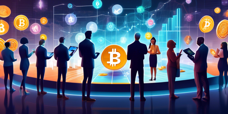 Create an image of a diverse group of people, each holding a tablet or smartphone, observing a large, futuristic digital screen displaying various cryptocurrency symbols like Bitcoin, Ethereum, and Ripple. The background should be a sleek, modern office environment with graphs and charts indicating market trends, capturing the essence of understanding the cryptocurrency market for beginners.