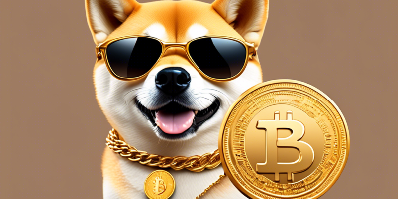 Create a detailed illustration of a Shiba Inu dog wearing sunglasses and a gold chain, standing on top of a large coin. Behind the dog, visualize a digital background with rising graphs and cryptocurrency symbols to represent the increase in value and popularity of Shiba Inu Coin.