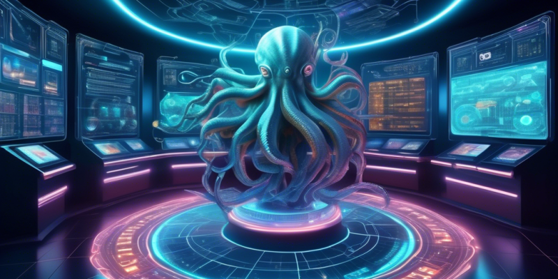 Create an intricate digital illustration of a futuristic, high-tech control room filled with holographic displays showcasing various cryptocurrencies. In the center, a large 3D hologram of a kraken (the mythical sea creature) is intertwined with symbols representing the cryptocurrency world, such as Bitcoin, Ethereum, and other altcoins. The atmosphere should convey a sense of exploration and discovery, with glowing data streams and graphs flowing through the room, emphasizing the theme of a comprehensive guide to navigating the world of cryptocurrency trading and technology.