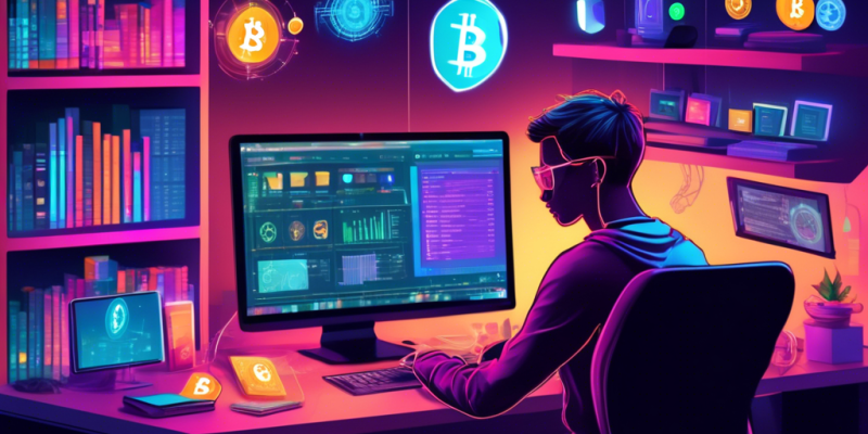 Create an image of a young person sitting at a computer desk, surrounded by digital elements representing various cryptocurrencies like Bitcoin, Ethereum, and Ripple. The screen displays a colorful, simplified user interface of a cryptocurrency trading platform. In the background, shelves are filled with books titled Cryptocurrency 101, Blockchain Basics, and Investing for Beginners. The room has a modern and tech-savvy vibe, with abstract digital art on the walls inspired by blockchain technology.