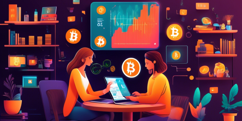 Create an image that depicts a beginner-friendly, visually engaging guide to cryptocurrency investment. The scene shows a young, curious couple sitting at a cozy living room table, surrounded by digital devices like laptops and tablets displaying various cryptocurrency symbols such as Bitcoin, Ethereum, and others. The table is cluttered with colorful charts, books labeled Crypto Basics, and a pot of coffee, emphasizing a casual learning environment. A large window in the background reveals a futuristic cityscape to suggest the modernity and potential of crypto investments. The couple looks intrigued and eager as they explore their investment options.