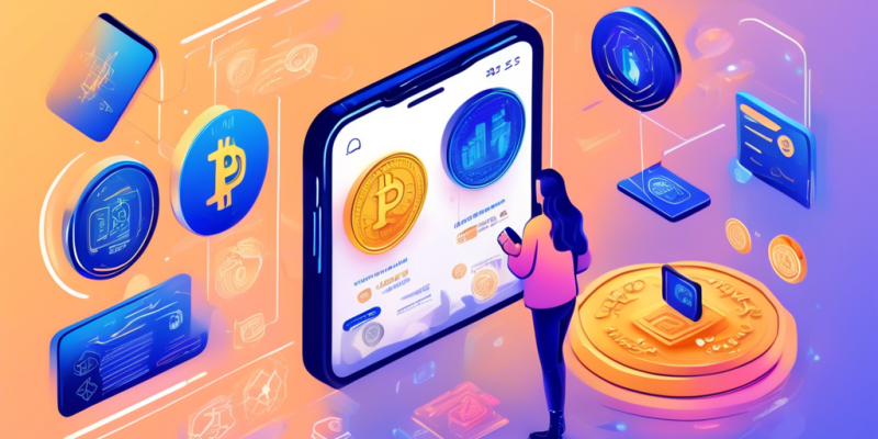 Create a digital illustration showing a user-friendly interface where a person is using a smartphone to buy cryptocurrency with PayPal. The screen displays various crypto options like Bitcoin, Ethereum, and Litecoin, with PayPal as the payment method. The background features abstract symbols of digital transactions, money transfer icons, and cryptocurrency logos, all in a modern, tech-inspired style. The scene conveys an accessible and secure process, ideal for beginners entering the crypto world.