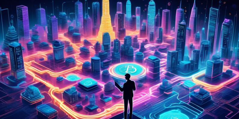 Create an image depicting a complex, futuristic cityscape representing a digital world of cryptocurrency and taxes. The city is composed of towering skyscrapers made from digital blockchain patterns, and various neon signs displaying crypto symbols like Bitcoin and Ethereum. In the foreground, an individual is holding a magnifying glass over a maze-like pathway formed from tax documents and crypto coins, symbolizing the challenge of navigating crypto taxes. The scene should have a mix of physical paperwork and holographic displays to emphasize the complexity of cryptotax.