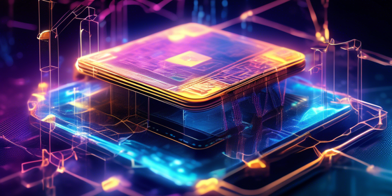 Create an image depicting a futuristic digital wallet floating in a virtual space, with vibrant, glowing blockchain patterns and interconnected chains of blocks in the background. The wallet should have a transparent cover, displaying digital currency tokens and cryptographic codes, symbolizing security and innovation in cryptocurrency technology. The overall atmosphere should be technological and cutting-edge, reflecting the concept of a blockchain wallet.