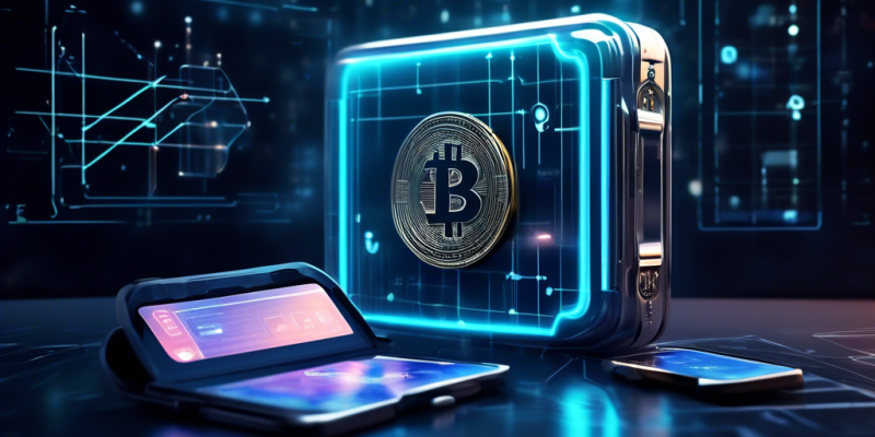 Create an image of a futuristic, high-tech cold wallet designed for cryptocurrency storage. The wallet is sleek and metallic, with glowing digital locks and encryption symbols floating around it. It is set against a backdrop of a secure vault with holographic graphs and charts displaying cryptocurrency data. The scene conveys a sense of security, innovation, and cutting-edge technology in the world of digital assets.