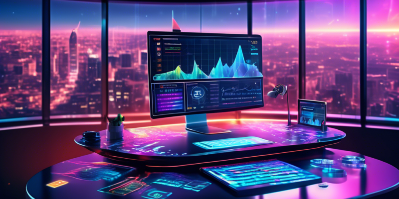 Create an image depicting a futuristic financial analyst's desk in 2024, with holographic charts displaying fluctuating cryptocurrency prices. The scene should include digital graphs, a transparent tablet with blockchain symbols, and a city skyline visible through smart-glass windows, reflecting the modern world of cryptocurrency trading. Highlight the dynamic and volatile nature of the crypto market through vivid colors and fluctuating lines.