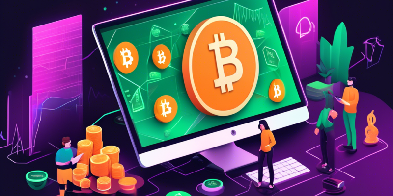 Create an illustration depicting a beginner exploring the world of cryptocurrency trading on the Robinhood platform. The image should feature a diverse group of people gathered around a large computer or tablet screen displaying the Robinhood app interface. The screen should show various cryptocurrencies and digital assets, like Bitcoin and Ethereum, with charts and graphs indicating trading trends. Include elements like question marks and light bulbs above the users' heads to symbolize learning and discovery, set in a modern, high-tech environment with digital-themed decor.