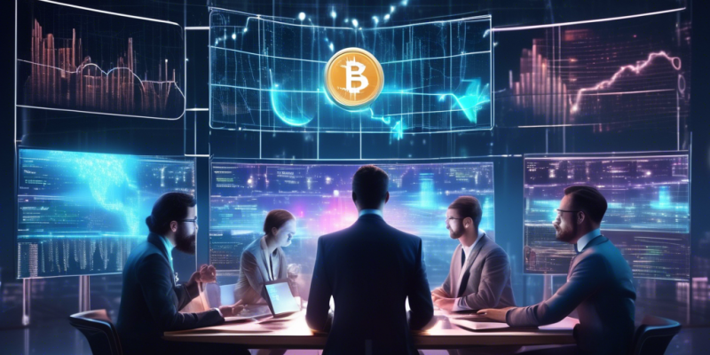 Create an image depicting a futuristic stock market scene in 2024 focused on cryptocurrencies. Show large digital screens displaying real-time data and graphs for top cryptocurrencies like Bitcoin, Ethereum, and newer contenders, all with ascending trends and symbols. Include a diverse group of investors analyzing and discussing these screens with holographic charts. The setting should be sleek and modern, emphasizing a high-tech financial hub.