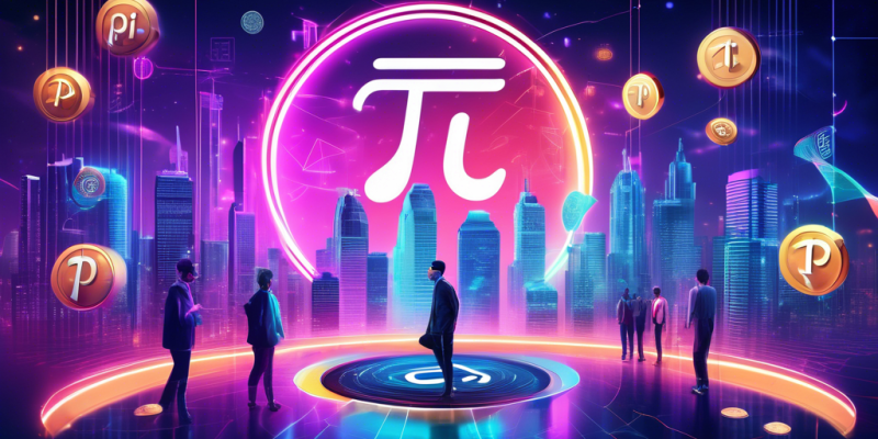 Create an image of a futuristic scene where digital coins with the Pi symbol are floating in the air, surrounded by holographic graphs and charts. The background should depict a high-tech cityscape with people interacting with the coins using augmented reality devices. The overall mood should convey innovation and the potential future impact of Pi Coin in the cryptocurrency world.