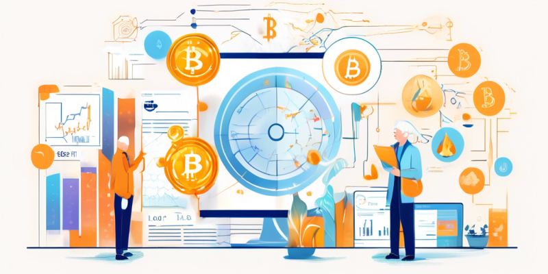 Create an image that illustrates the concept of a diversified retirement portfolio, incorporating elements of both traditional and digital assets. Include a traditional-looking retirement planning scene with charts and graphs, juxtaposed with modern digital symbols such as cryptocurrency icons (like Bitcoin and Ethereum) and blockchain motifs. Highlight the Alto Crypto IRA as a bridge connecting the past and future of retirement investments, symbolized through an innovative and secure digital vault.