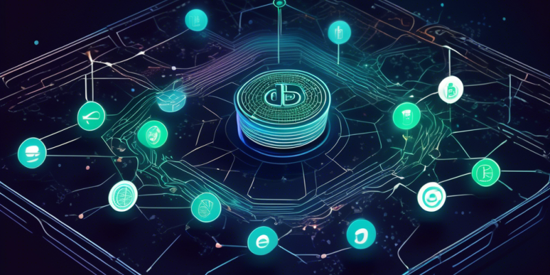 Create an image that visually represents the role of Uphold in the crypto ecosystem, featuring a central, interconnected network hub symbolizing Uphold. Include various cryptocurrency symbols like Bitcoin, Ethereum, and Ripple orbiting around this hub, connected by intricate, glowing digital pathways. The background should be a futuristic, digital landscape with abstract representations of blockchain and financial security themes, emphasizing the pivotal and secure position of Uphold in the crypto world.