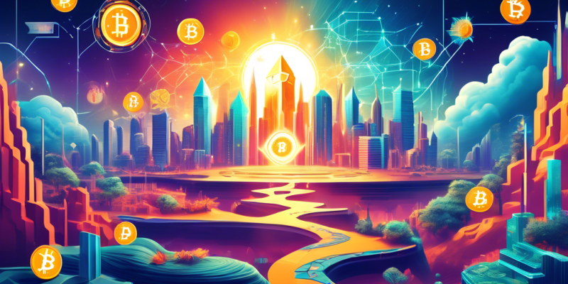 Create an image of a futuristic digital landscape where various iconic symbols represent the top cryptocurrencies to invest in. Include a Bitcoin symbol rising like a sun, Ethereum as a towering crystal structure, a digital ripple effect symbolizing Ripple, a chain of blocks representing Chainlink, and a decentralized solar system for Solana. The scene should be vibrant and dynamic, showcasing a sense of growth, innovation, and opportunity in the world of cryptocurrency investment.