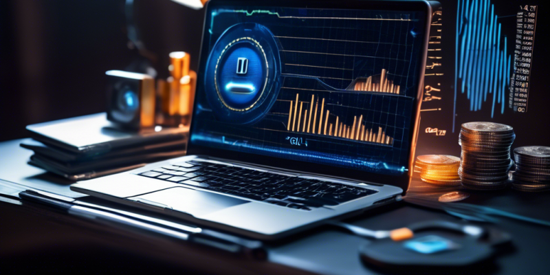 Create a detailed image of a futuristic, high-tech cold wallet for cryptocurrencies, placed on a desk alongside a laptop displaying graphs of fluctuating crypto values. The cold wallet should be sleek, compact, and have a digital interface showing secured data. The background should include elements symbolizing security and privacy, such as digital padlocks and encrypted lines, to emphasize the benefits of using a cold wallet for crypto storage.