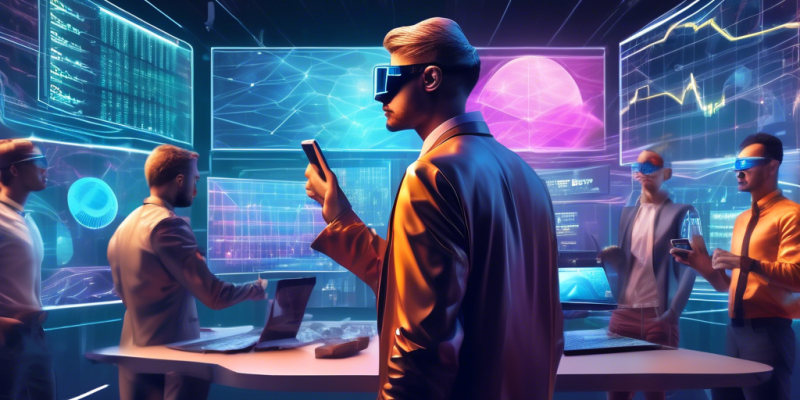 Create an image depicting a futuristic digital marketplace with towering charts and holograms of various cryptocurrencies, such as Bitcoin and Ethereum, fluctuating wildly in the air. Include traders in sleek, high-tech outfits using augmented reality glasses, intensely analyzing the data. The scene should convey a sense of rapid movement and energy, symbolizing the volatility and dynamic nature of cryptocurrency prices.